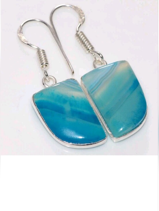 Handmade Jewelry - Blue Botswana Agate Gemstone 925 Sterling Silver Handmade Drop Dangle Earring